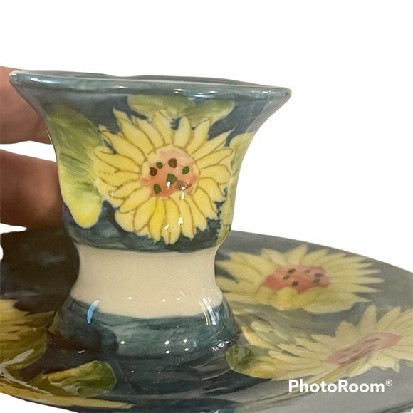 Vintage Chamberstick Hand Painted Thailand Candlestick Holders pair SUNFLOWERS - Picture 5 of 11